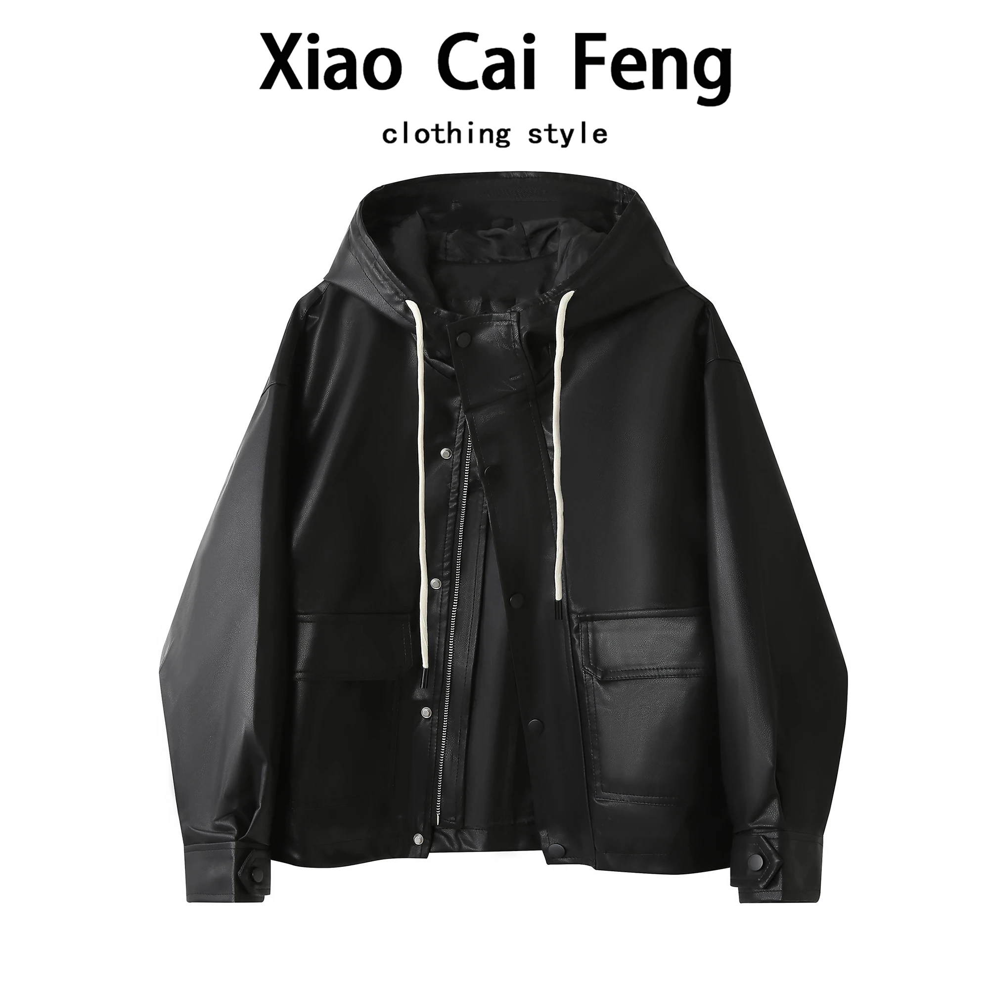 Na moda casual solto feminino couro do plutônio jaet com capuz dstring outono foiable superior fechamento com zíper longo casaco sve