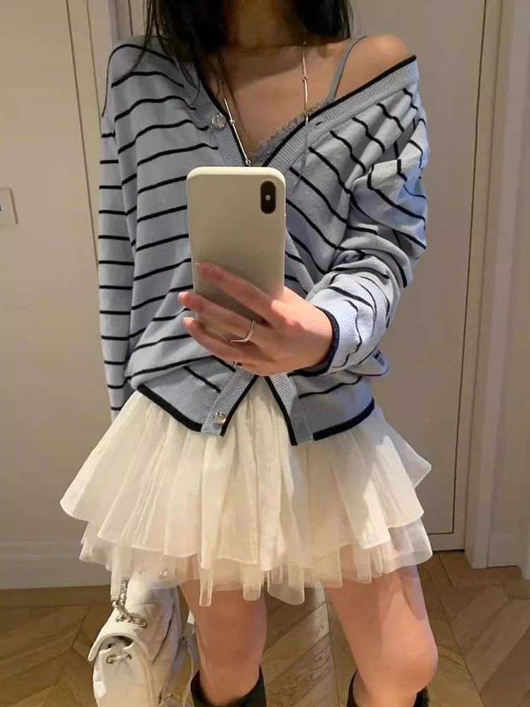 

Liangliang Color Blo Striped Knitted Cardigan Women's Spring New Vintage V-ne Slimming Top Korean Sle Loose Fit Long Sl...