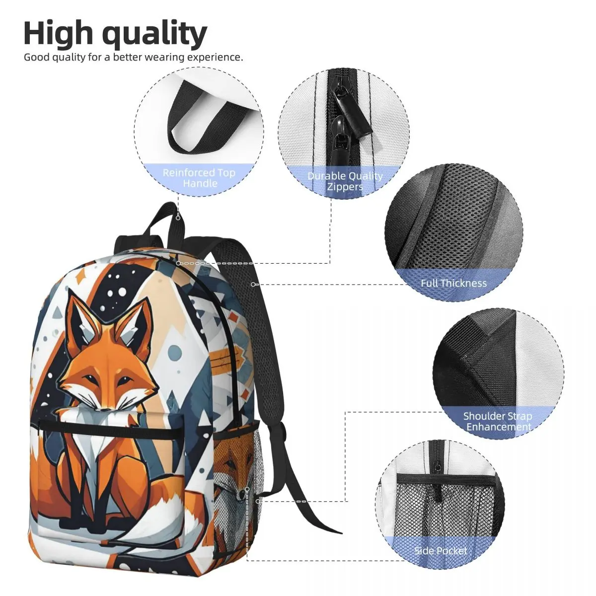 Smiling Geometric Fox Backpack Daypack Large Capacity Children BookBag School Bag Shoulder Bags for Men Women