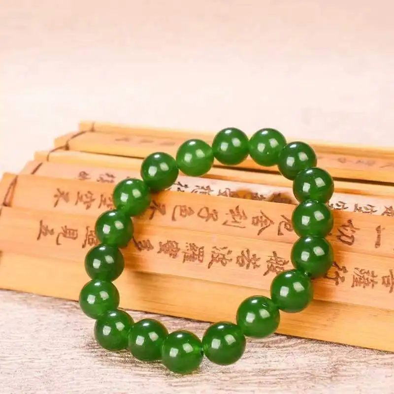 Hetian color jasper green malay jade bracelet, spinach green round bead  men's and women's jade transfer beads,  couple models