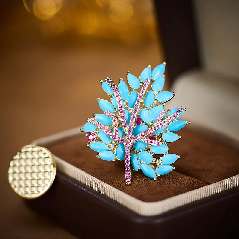 

New Inlaid Blue Turquoise Maple Leaf Multi-Purpose Fixed Clothing Magnetic Clasp Brooch High-End Suit Accessory Chest Flower