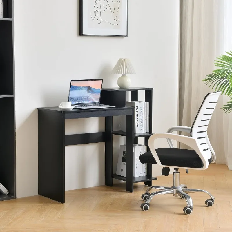 Efficient Small Black Computer Desk with Slot and Printer Shelves for Small Home Office Bedroom and School Studying Writing Desk