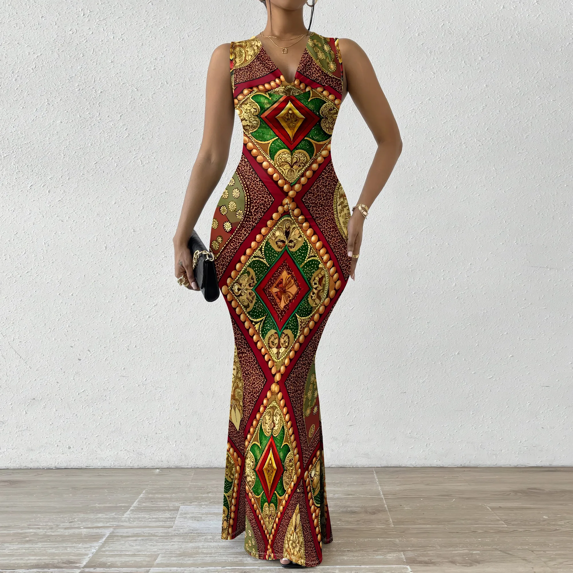 

Jacquard Print Women's Bodycon Mermaid Dress V-Neck Sleeveless Elegant Christmas New Year Party Gown XS-2XL