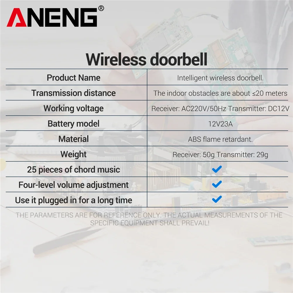 ANENG Intelligente kabellose Türklingel mit Fernbedienung, US-Stecker, Empfang, hohe Lautstärke, 4-Lautstärke, verstellbares Glockenspiel, Sicherheitsalarm, Anruf, Türempfang