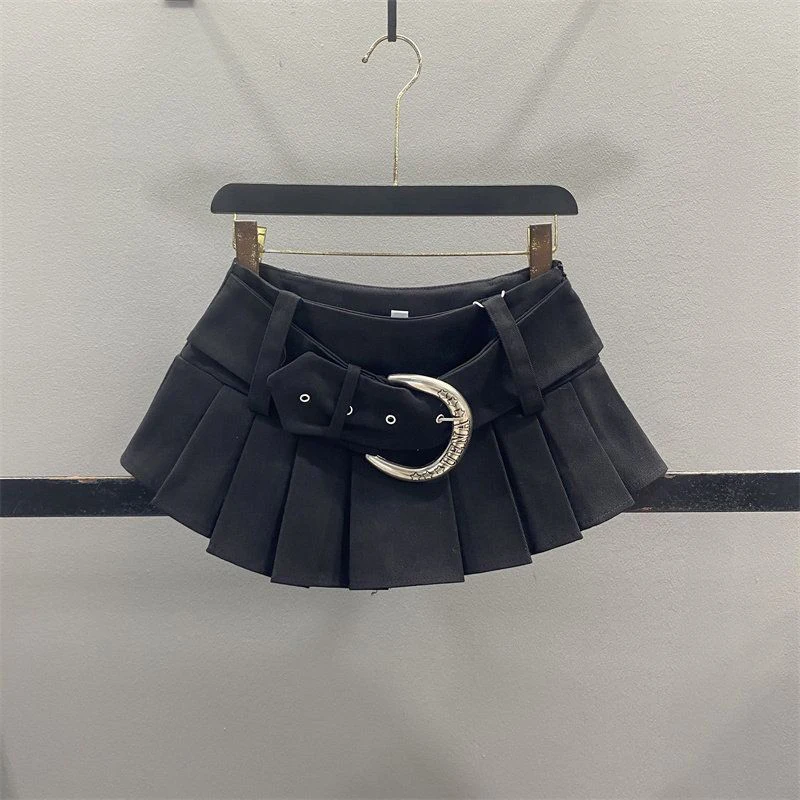 MEXZT Y2K White Denim Mini Skirt Women Harajuku Gothic Sexy Belt Black Pleated Jeans Skirts Summer Vintage 2000S Low Rise Faldas