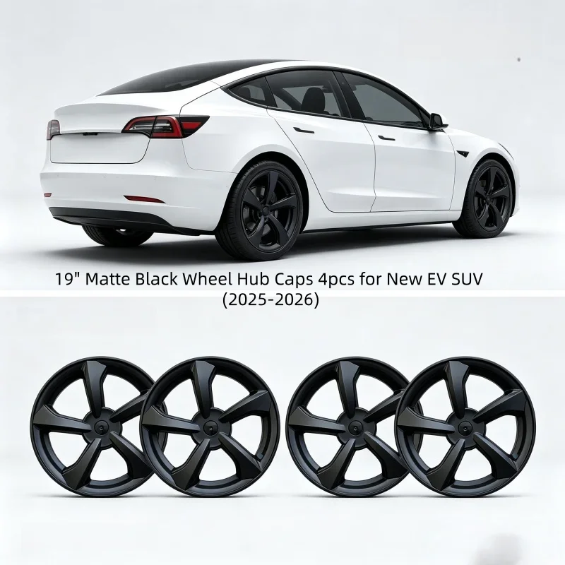 19 Inch Wheel Hub Caps 4Pcs for Tesla Model Y Juniper 2025 2026 Matte Black Rim Cover Replacement Exterior Protector Accessories