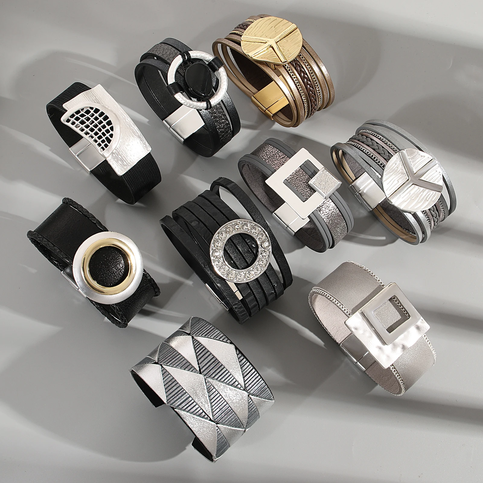 

Amorcome Fashion Irregular Metal Buckle Leather Bracelet Women Multi layer Stackable Wrapped Wide Bracelet Charm Hand Jewelry