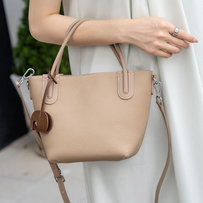 New Lady Genuine Leather Bucket Bag Women Simple Fashion Shoulder Diagonal Straddle Handheld Crossbody Vegetable Basket Handbag