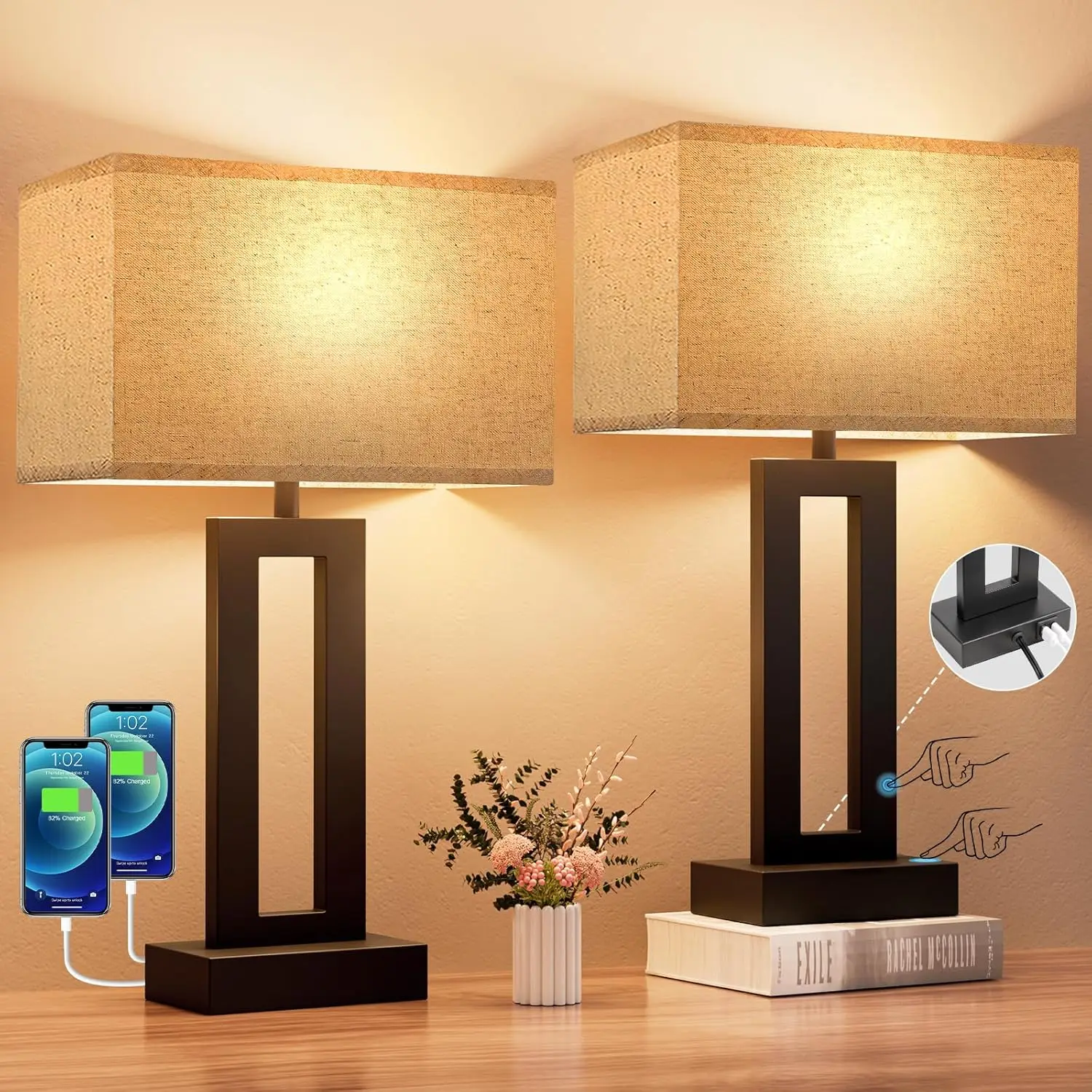 

Touch Control Bedside Lamps with Dimmable LED, USB Charging Ports for Easy Assembly - Set of 2