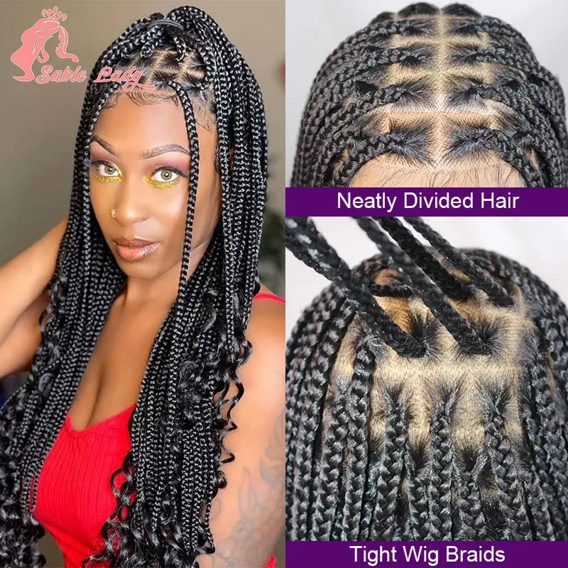 Perucas completas trançadas sintéticas do laço para mulheres negras, cabelo Knotless de Boho, pontas encaracoladas, trança dianteira, 18"