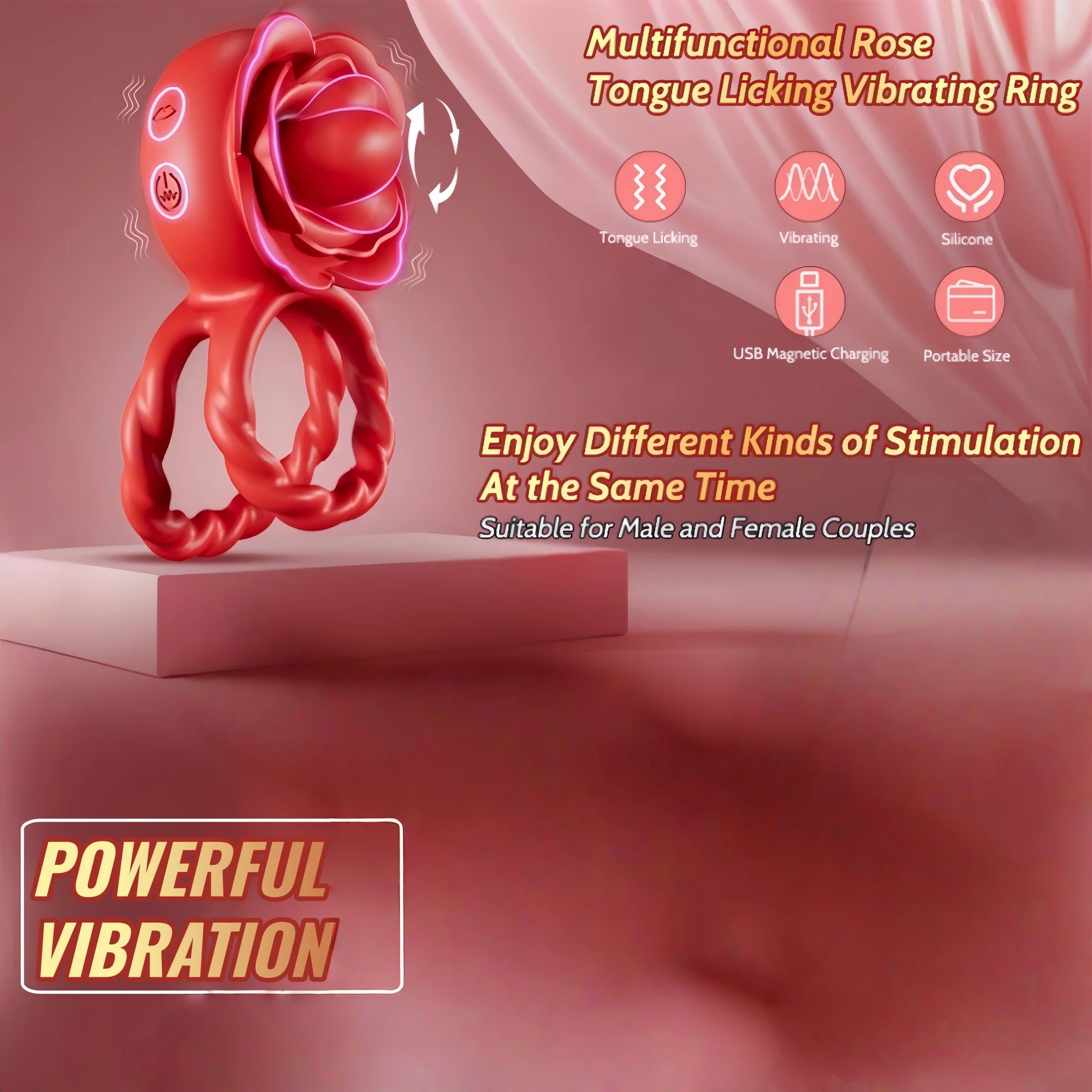 Sex Toy Cock Penis Ring Vibrator Adult Rose Toy for Men Women 10 Vibrating 10 Tongue Licking Clitoral Oral Stimulator for Couple view 6