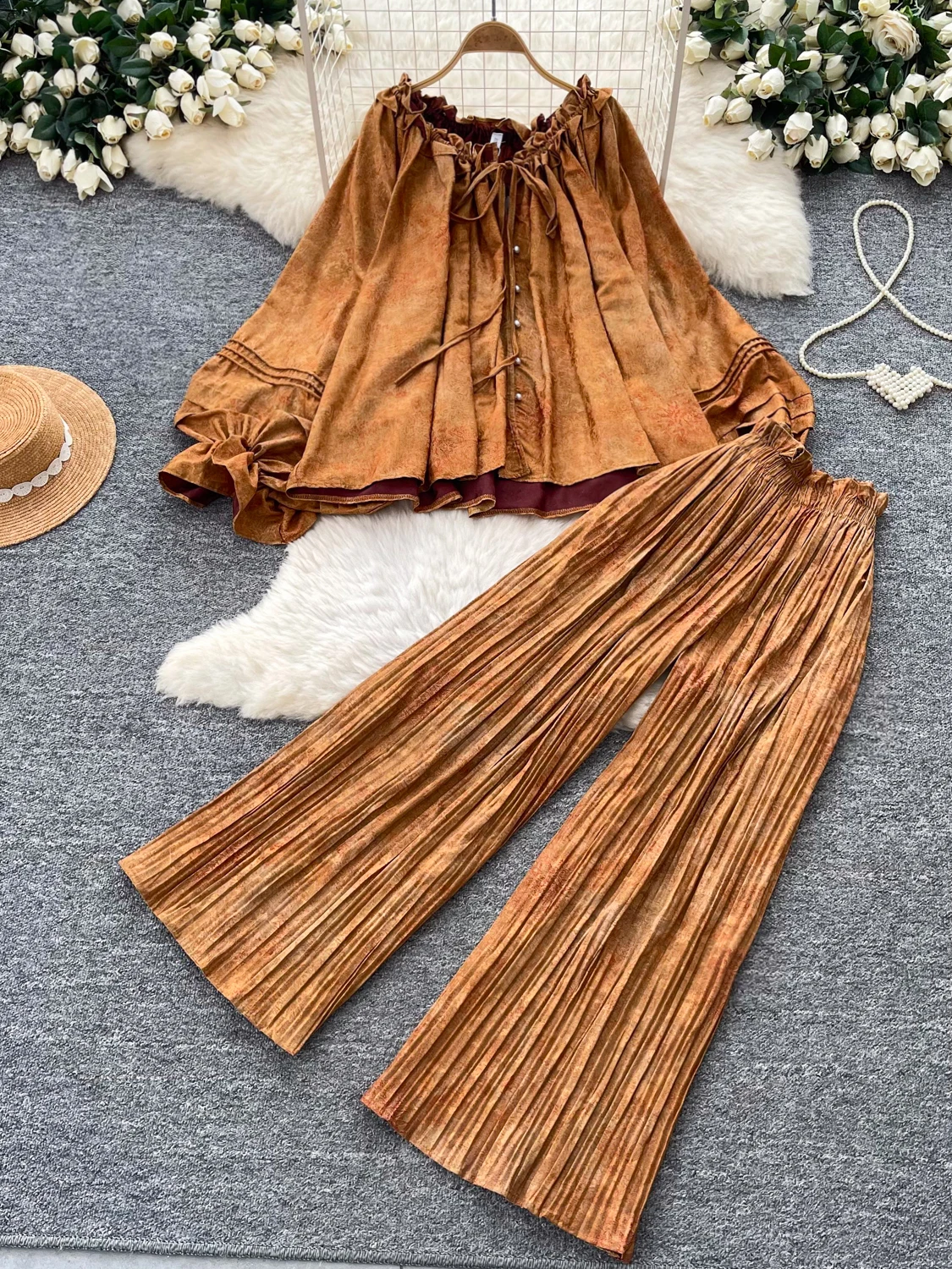 Casual Commute Style Women's Fashion Set with Lace Trim One Shoulder Top Wide Leg Pants Two Piece Suit Autumn Collection