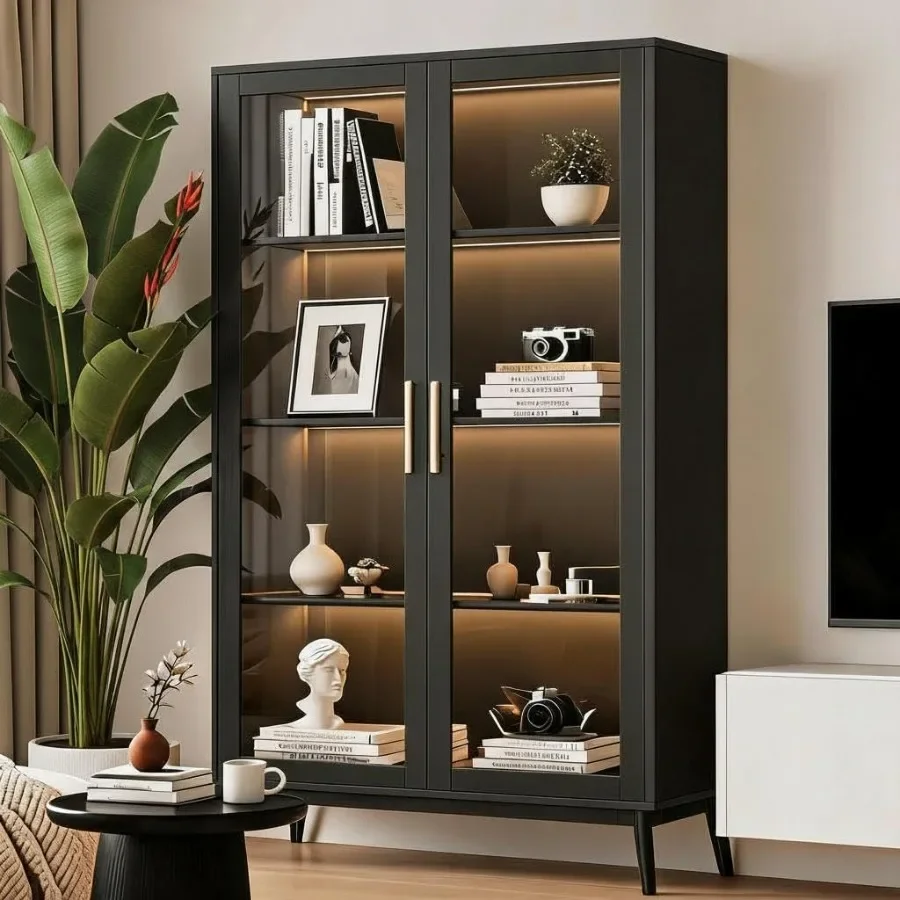 Glass Display Cabinet with RGB Lights, 4-Tier Curio Cabinets with 3 Color Lights, Display Case with Human Body Sensor and USB P