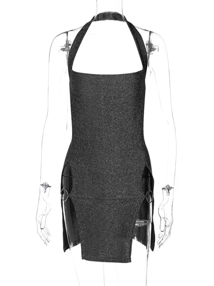 2024ผู้หญิงElegant Shine Halter Backless Slitเซ็กซี่Slim Midiชุดฤดูใบไม้ผลิฤดูร้อนเสื้อผ้าวันเกิดเทศกาลY2K