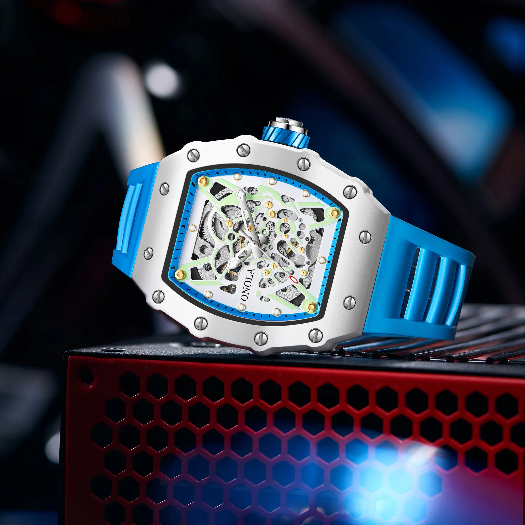 Moda onola relógios masculinos automáticos luminosos mecânicos reloj tonneau mille azul pulseira de silicone à prova dwaterproof água homem relógios de pulso 2024