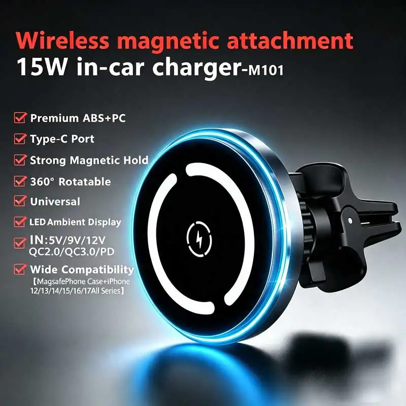 Image of 15W MagSafe Auto-Wireless-Ladegerät, Magnetischer Handyhalter, Lüftungsschlitz-Halterung mit Starkem Griff, Universelle Passform M101