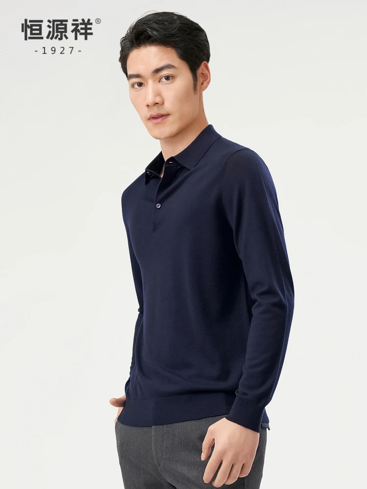 Hengyuanxiang Men's Fine Spun Pure Wool Sweater Collared Knitted Shirt Mid-aged Fashionable Autumn New Arrival Thin Long Sleeve