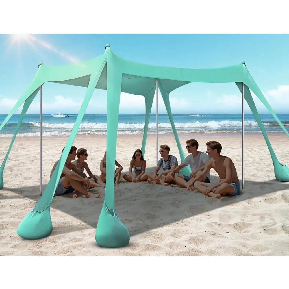 Tragbares Strandzelt mit über 50 UPF-UV-Schutz, 10 x 10 Fuß Sonnenschutz, inklusive 8 Sandsäcken, Schaufeln und Erdnägeln