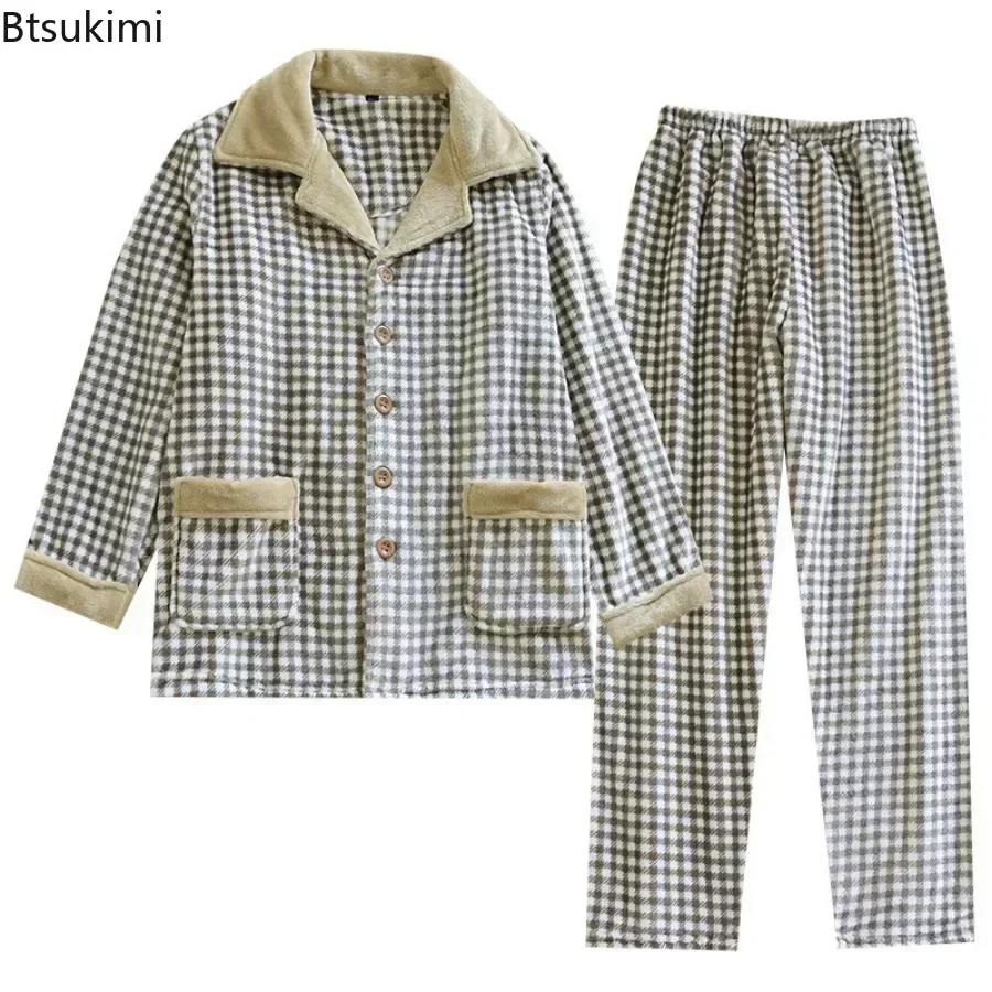 2025 Men's Warm Pajamas Winter Plus Velvet Thickened Flannel Warm Long-sleeved Trousers Pajama Sets Coral Fleece Homewear Men