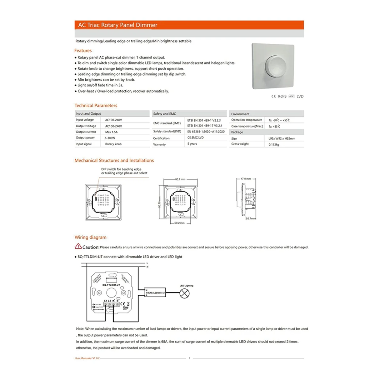 (A03R) 300W Smart Dimmable Wall Switch Wireless Switch for Living Room Ceiling Light Chandelier Pendant Lamp Remote Control