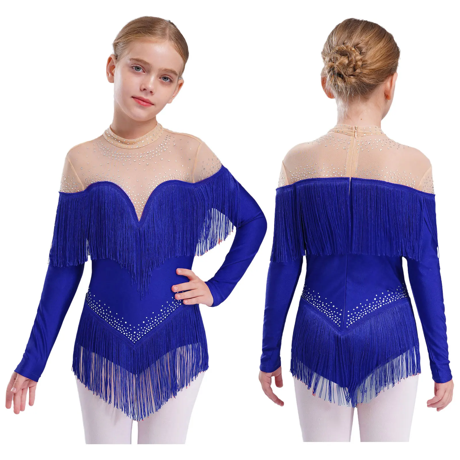 

Kids Girls Elegant Tassel Latin Rumba Dance Performance Leotards Long Sleeve Rhinestones Latin Samba Cha-cha Competition Outfits