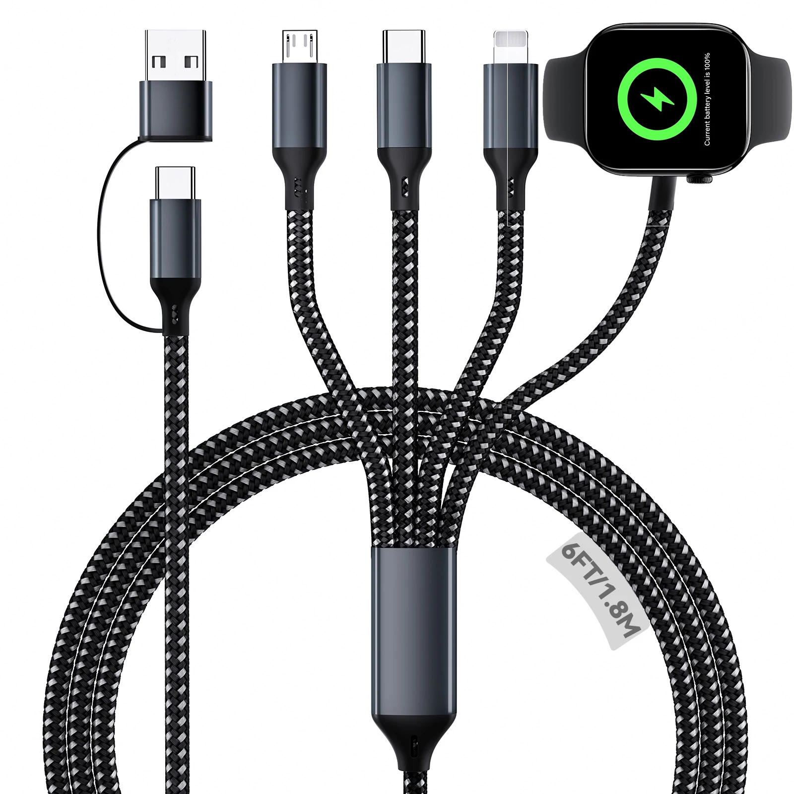 （black）4 in 2 Watch and Phone Charging Cable, For Apple Watch Charger USB A/Type C Multi Charging Cable, Nylon Braided Cable