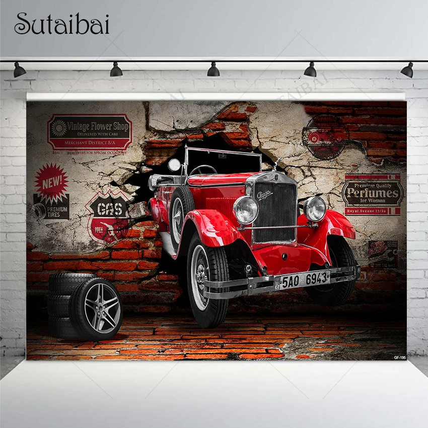 

Red Vintage Car Vinyl Cloth Photography Backdrop Wall Painting Decorate Wheel Adult Portrait Head Shot Photo Personalized Banner