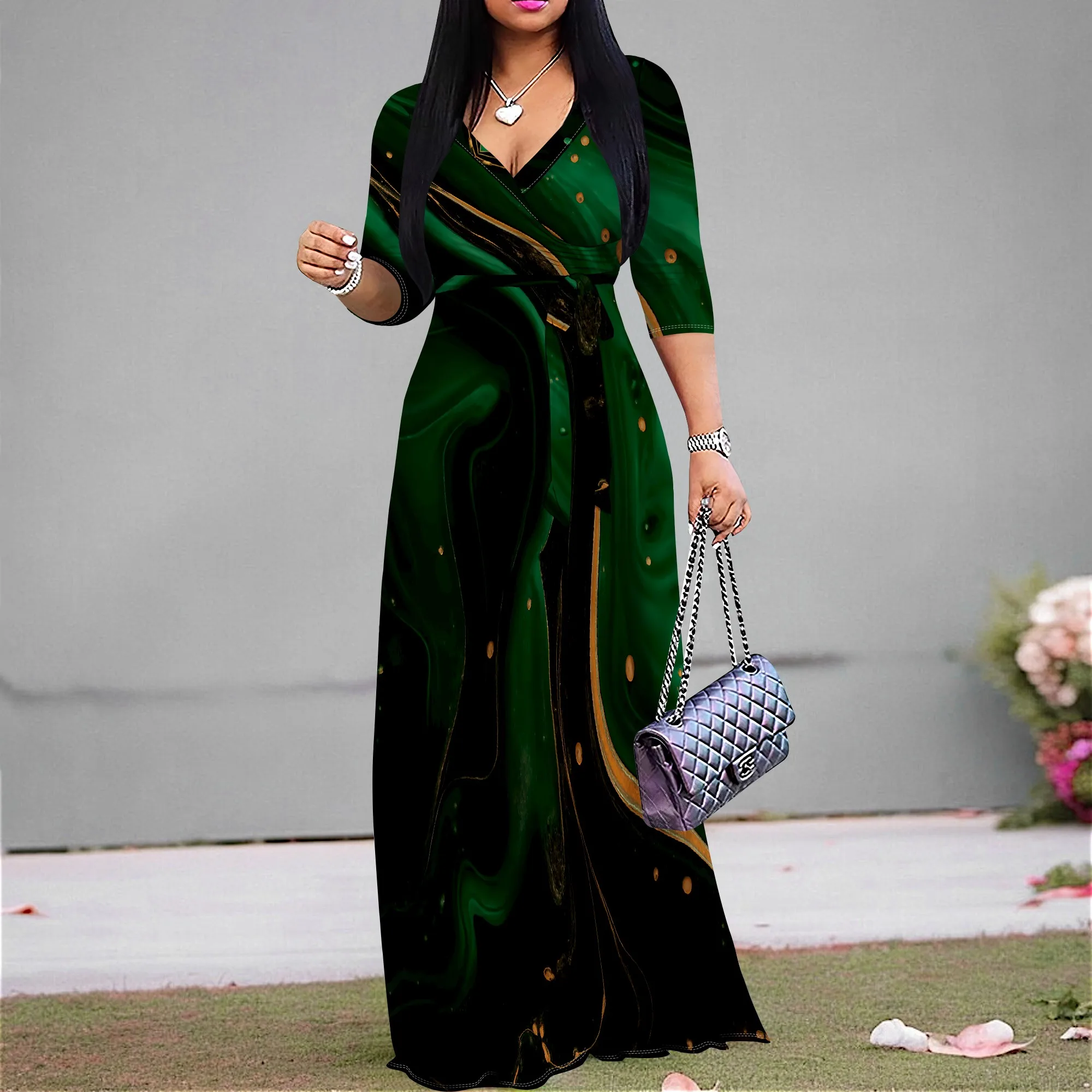 

Emerald Swirl Print Maxi Dress S-3XL V-Neck Wrap Style with Belt & 3/4 Sleeves for Holiday Dinner, Winter Wedding or Gala Look