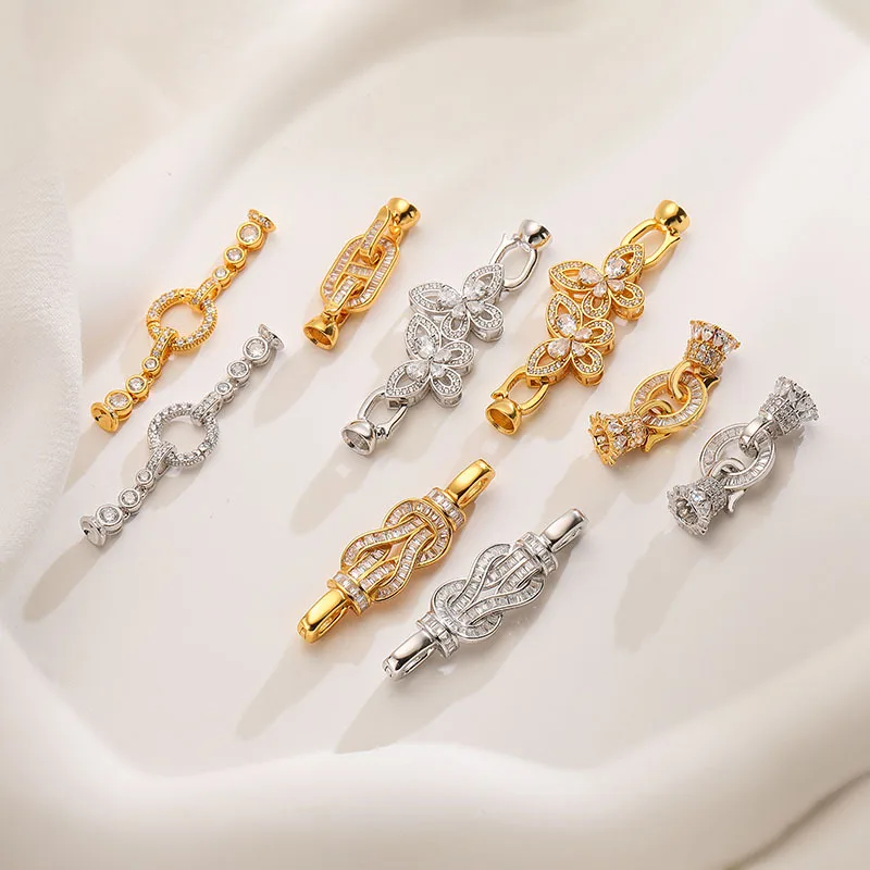 

S925 Sterling Silver Bow Connector with Zircon Petals, DIY Weaving Toggle Clasp for Pearl Necklace Jewelry Findings