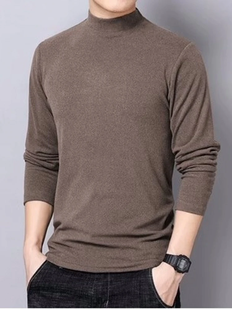 قميص رجالي بياقة متوسطة وأكمام طويلة مبطن بالصوف، طبقة أساسية مريحة ودافئة، ملابس داخلية ضيقة، تصميم جديد لفصلي الخريف والشتا...