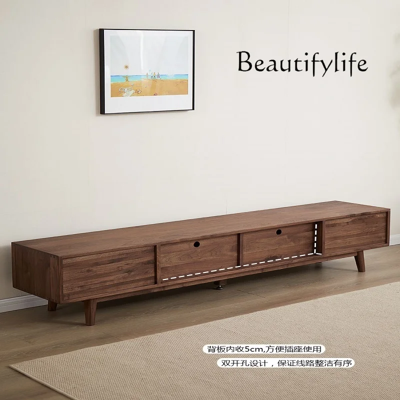 

Solid wood TV cabinet Modern simple storage and storage integrated black walnut floor cabinet Small apartment customization