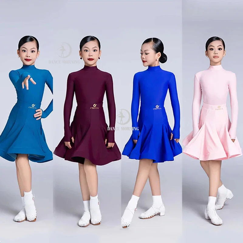 

Платье для соревнований по латинским танцам с высоким воротником для девочек, одежда для тренировок по танцам, ча-ча, румбе, самбы, одежда с длинными рукавами 22967