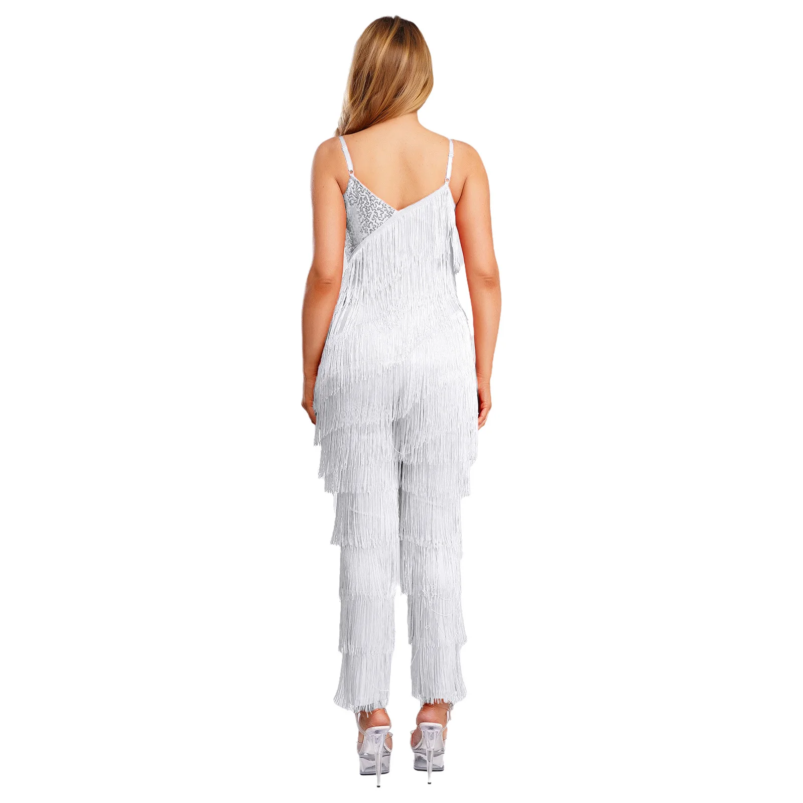 Tuta da donna con frange da ballo latino tango con paillettes a strati con nappe Cami pagliaccetti pantaloni lunghi tuta per abiti da ballo cha-cha salsa