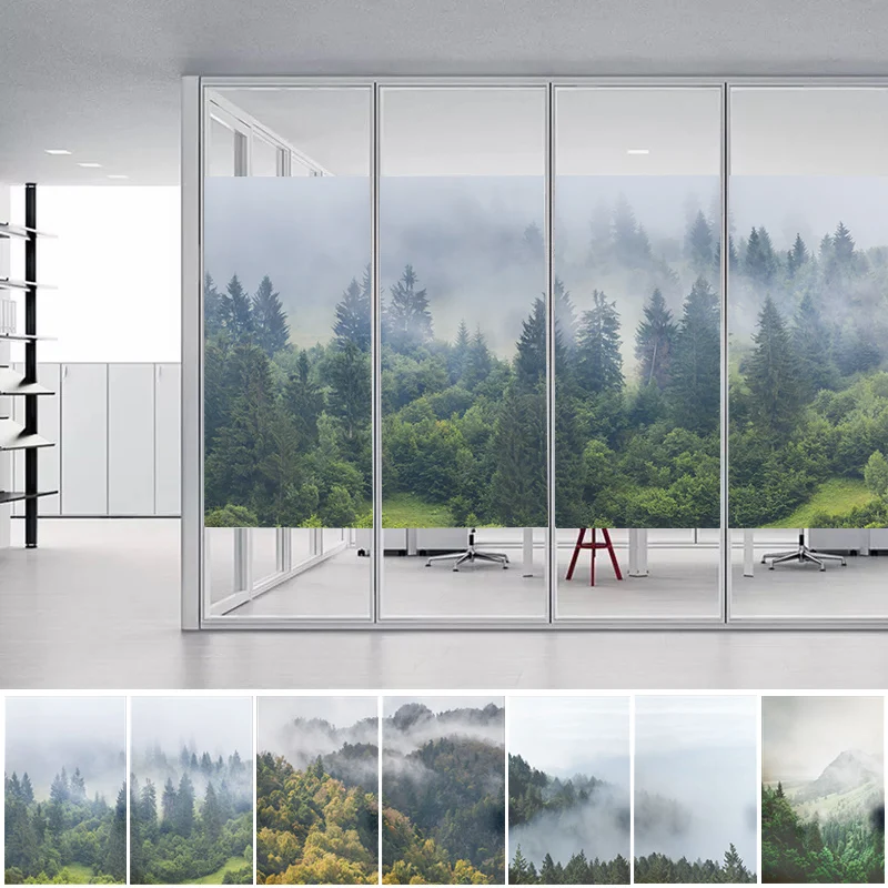 Nordic Style Forest Window Film Simple Landscape Stained Blackout Bathroom Door Glass Film Sunscreen Static Cling Frosted Film