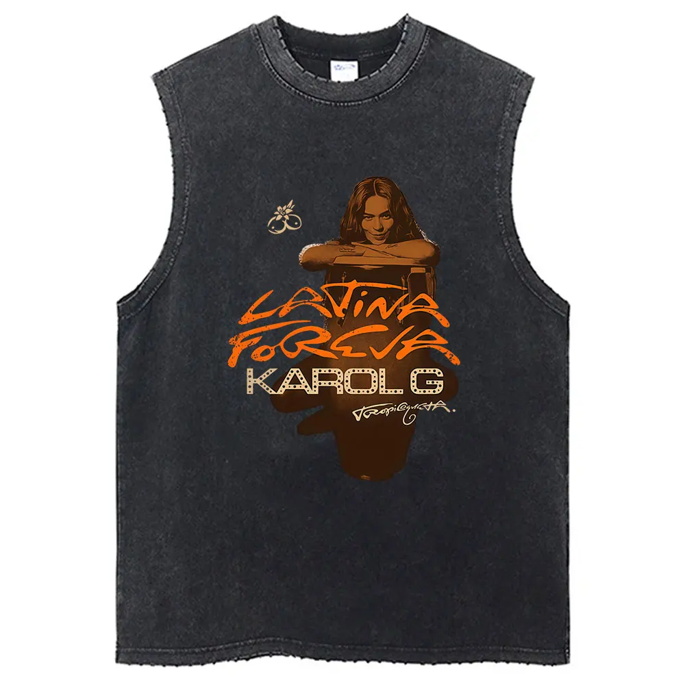 

Karol G Tropicoqueta Latina Foreva 2025 Album Washed Tank Tops Male Fashion Hip Hop Oversized Sleeveless Vest Man Vintage Tshirt