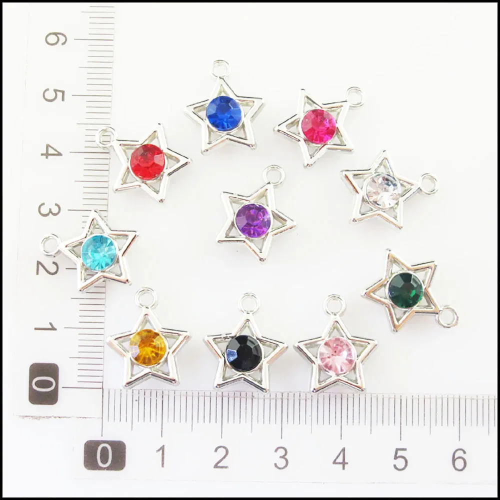 Fashion 30Pcs Mixed Crystal Dull Silver Plated Star Circle Charms Pendants 15x17mm