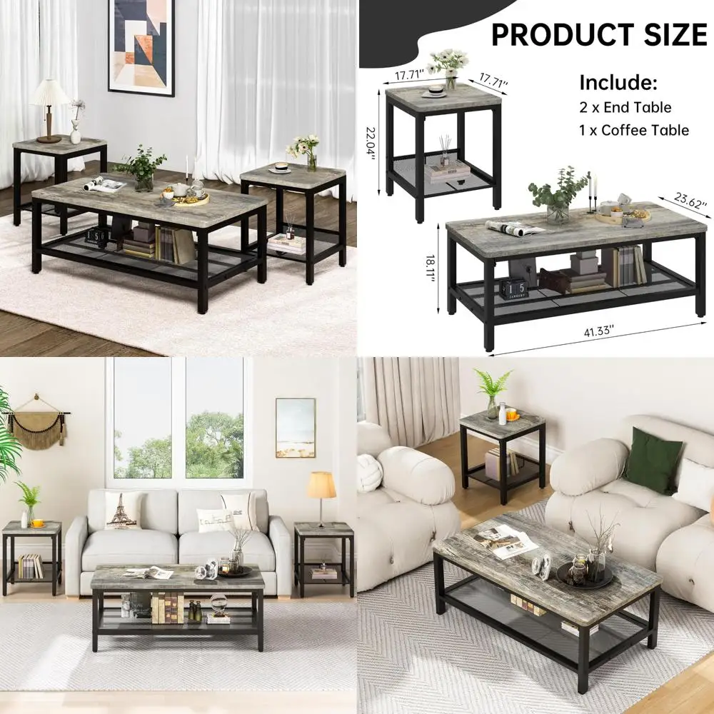 مجموعة أثاث غرفة المعيشة مكونة من 3 قطع على الطراز الصناعي: طاولة قهوة بإطار معدني مع زوج من الطاولات الجانبية المربعة #1