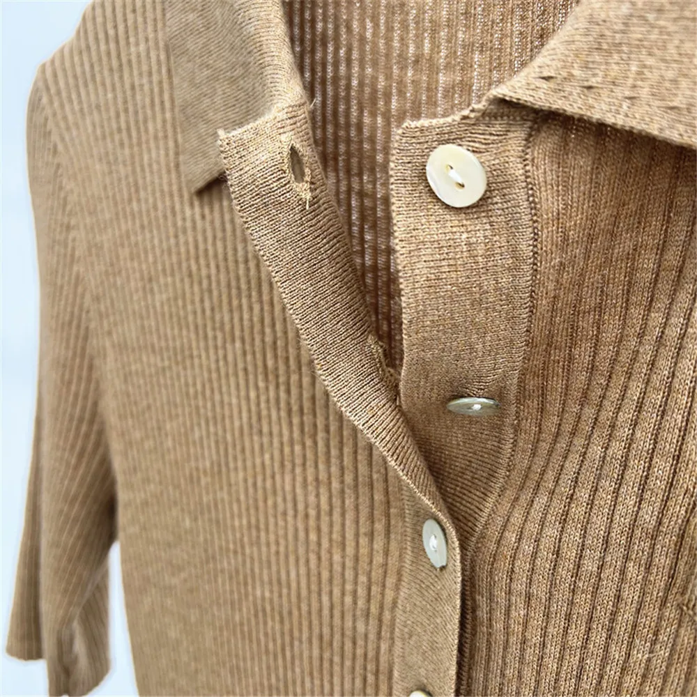 Damen-Sommerpullover mit POLO-Kragen, Taschendekoration, schmale Passform, elastischer Baumwoll-Seidenstrick, kurze Ärmel