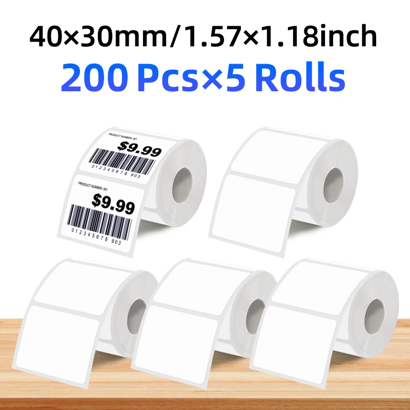 5-Roll Pack of Label Stickers, 200 Labels Per Roll, 40X30Mm (1.57X 1.18inch), Waterproof White Rectangular Self-Adhesive Labels, for Gifts, Mail, Identification, Addresses, Business and Home DIY Classification Labels, Compatible with M110/M110S/M220/M120/B1/B21/B3S Label Printers
