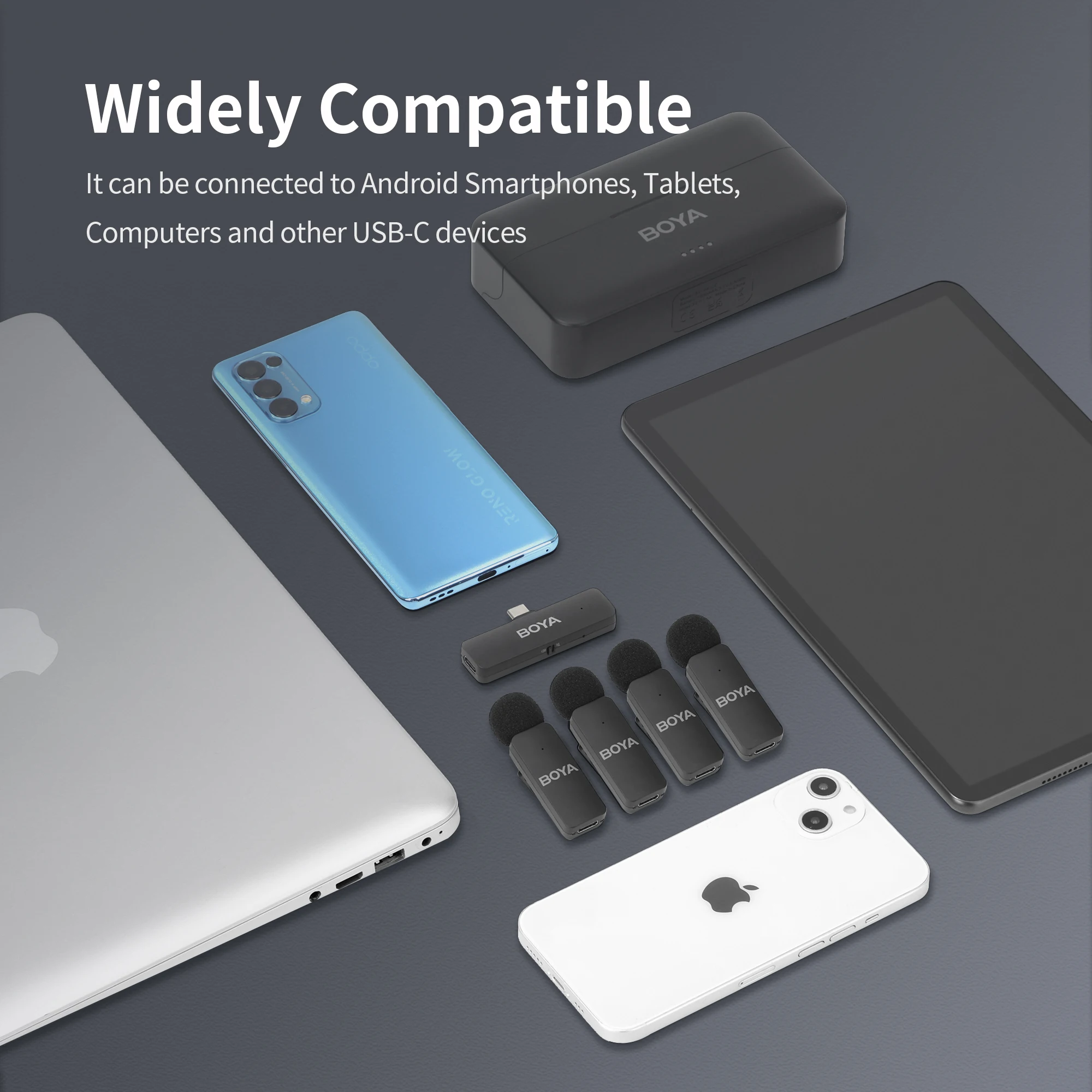 BOYA BY-V4 Wireless Lavalier Lapel Mirophone 4 قطعة ميكروفون إلغاء الضوضاء قابل لإعادة الشحن كاميرا آيفون أندرويد البث المباشر