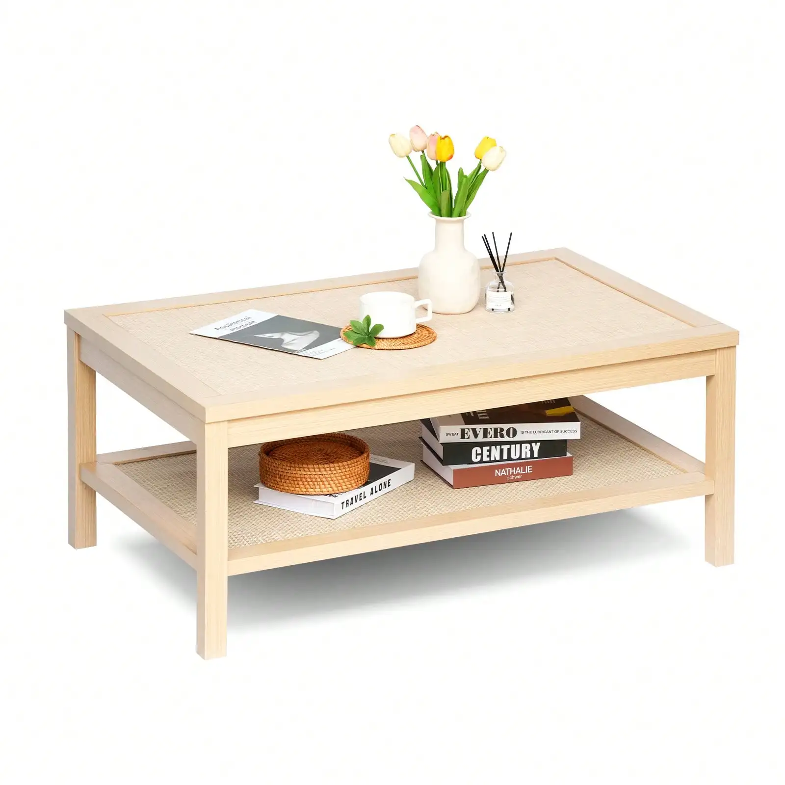 

2-Tier Rattan Coffee Table, Rectangular Tea Table With Two Rattan Storage Shelves, Natural Wood Grain, Bohemian Style, Suitable For Living Room And Home Office,Oak Beige