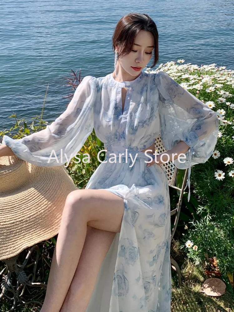 Causal Vintage Hollow Out Floral Dress Women 2023 Autumn Chiffon Elegant Long Split Dress Female Korea Beach Evening Party Dress