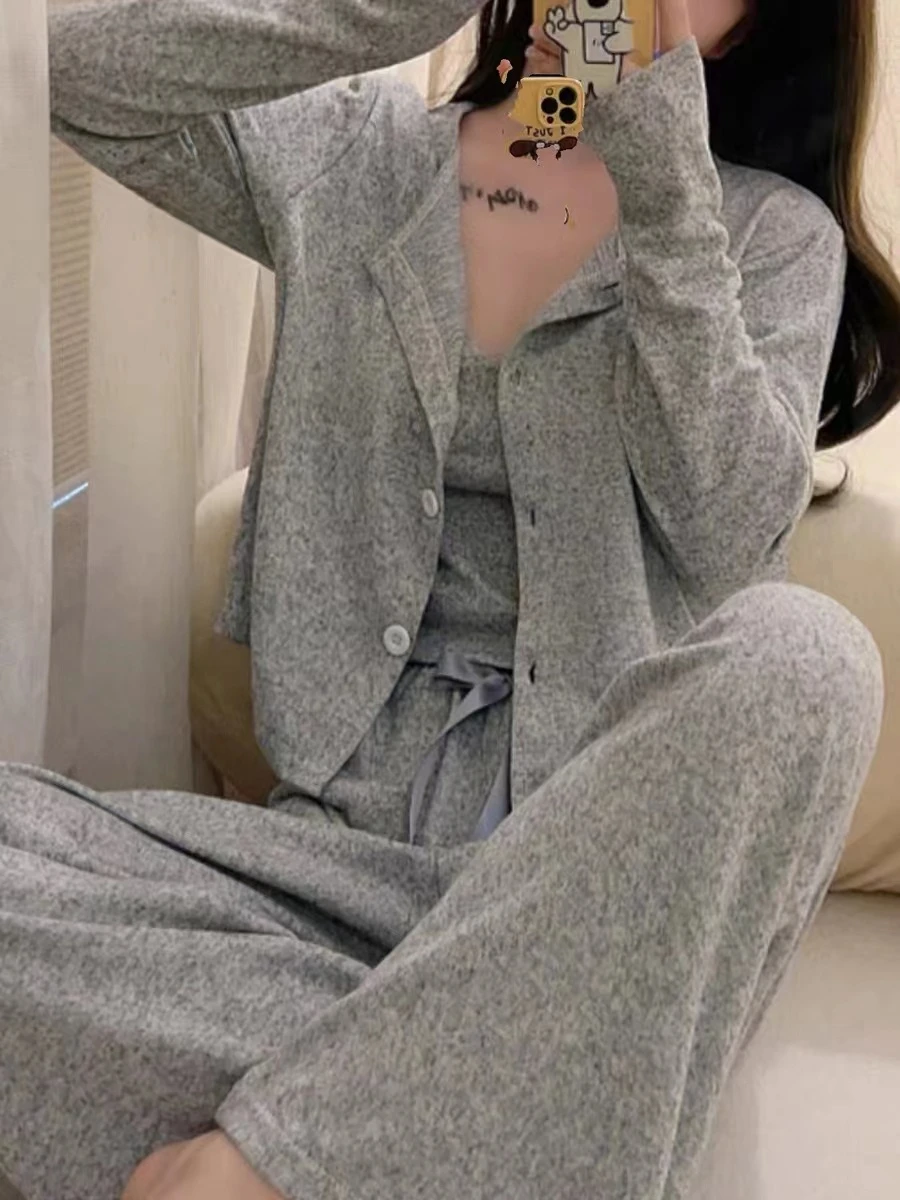 

Pajama Sets Fluffy Women Velvet Purple Knit Pattern Thermal Elastic Waist Round Neck Long Sleeve Shorts Autumn Sister Loungewear