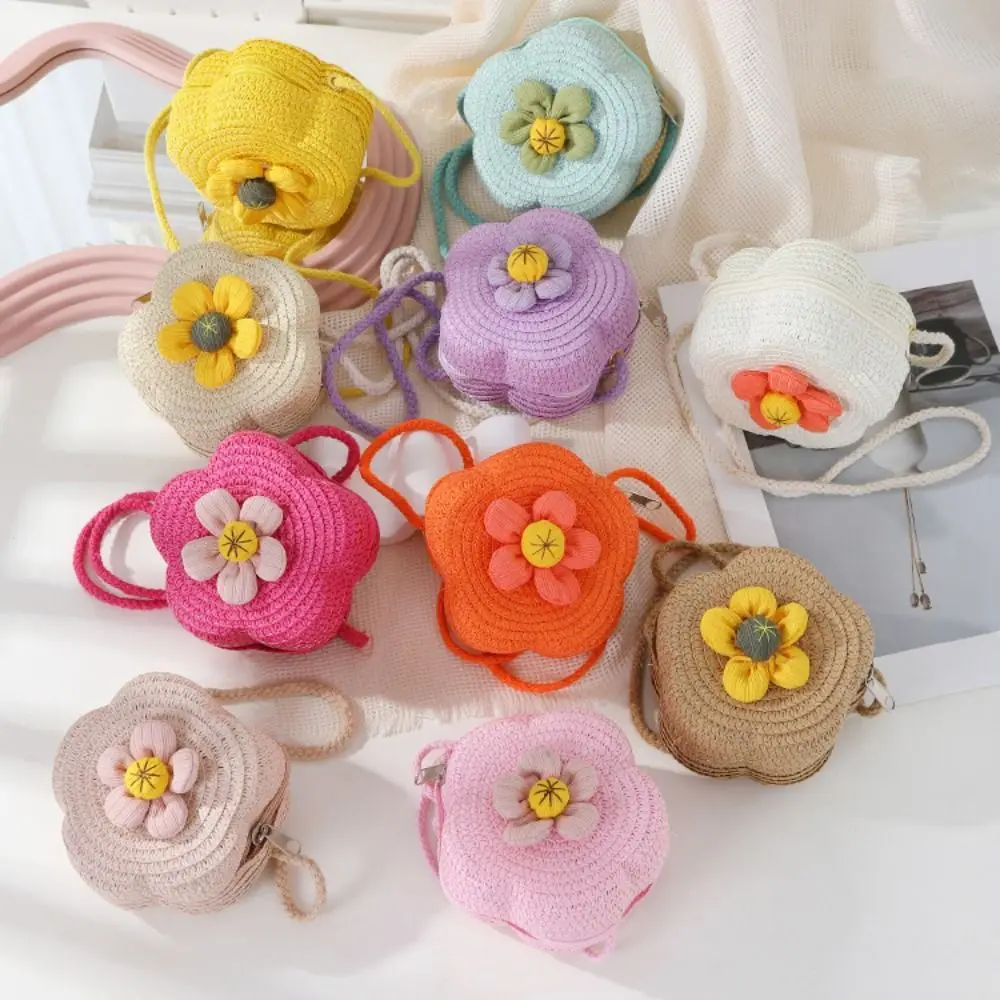 Bolsos de hombro de paja duraderos, Mini bolso cruzado de flores, monedero para niños y niñas