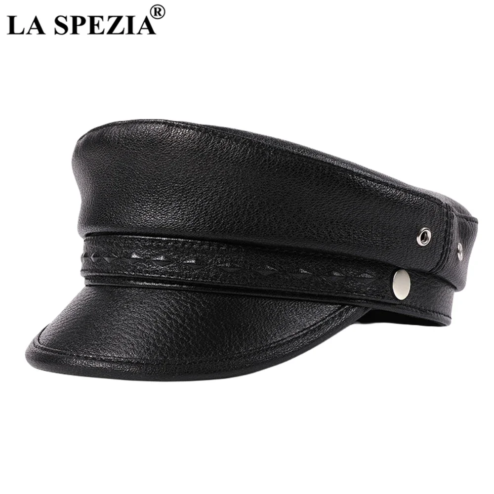 

LA SPEZIA Black Military Hat Man Real Leather Winter Hats for Men Motorcycle Army Cap Sheepskin Genuine Leather Newsboy Cap Rock