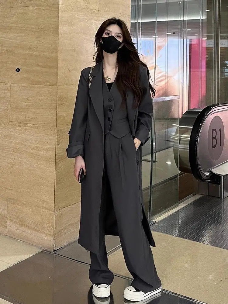 2-A5 Loose high-end suit for women in autumn big-name solid color single-breasted ide-leg pants three-piece set women's coat wi