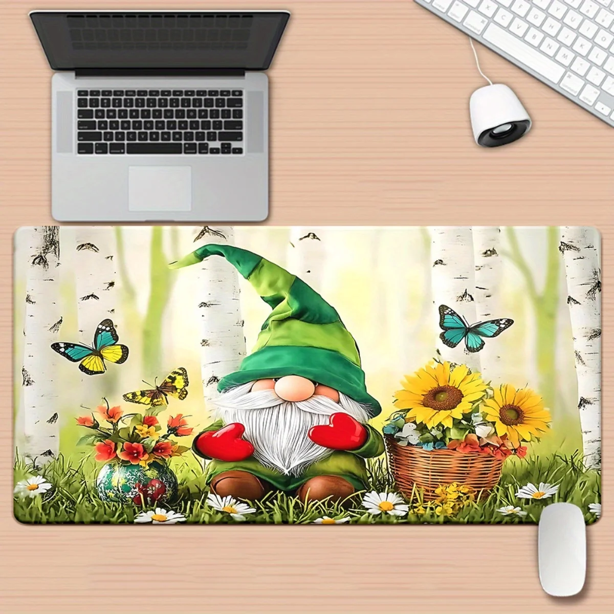 Gnome with Sunflowers Butterflies Large Gaming Mouse Pad Durable Non-Slip Rubber Base Desk Mat for Office and PC