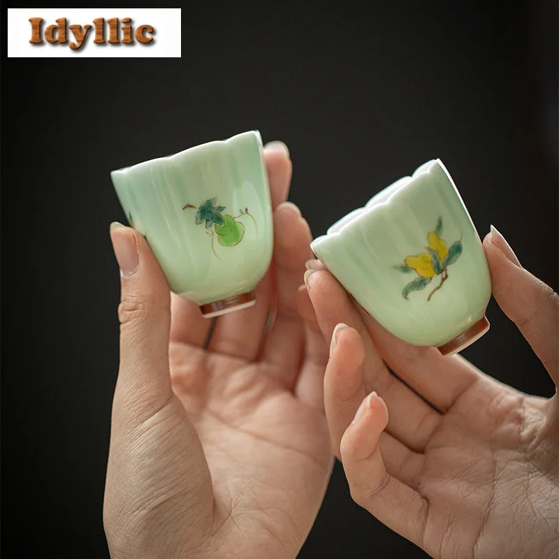 

2pc/lot Hand-painted Gourd Buddha Hand Teacup Zen Tea Bowl Jug Tea-tasting Personal Cup Chazhan Master Cups Teaware Craft 40ml