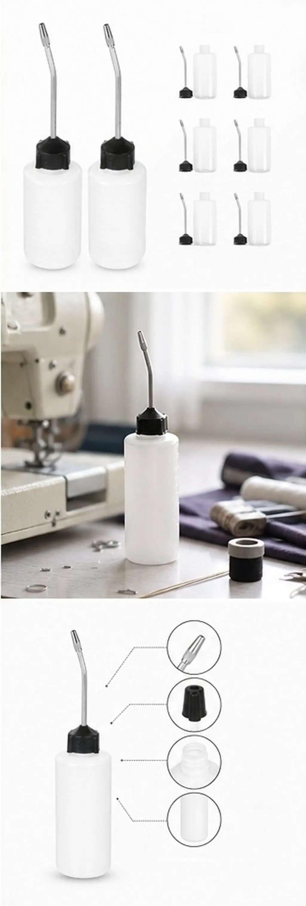 8Pcs Plastic Oil Applicator Bottle for Sewing Machines – Precision Drip Control with Ergonomic Grip & Protective Cap