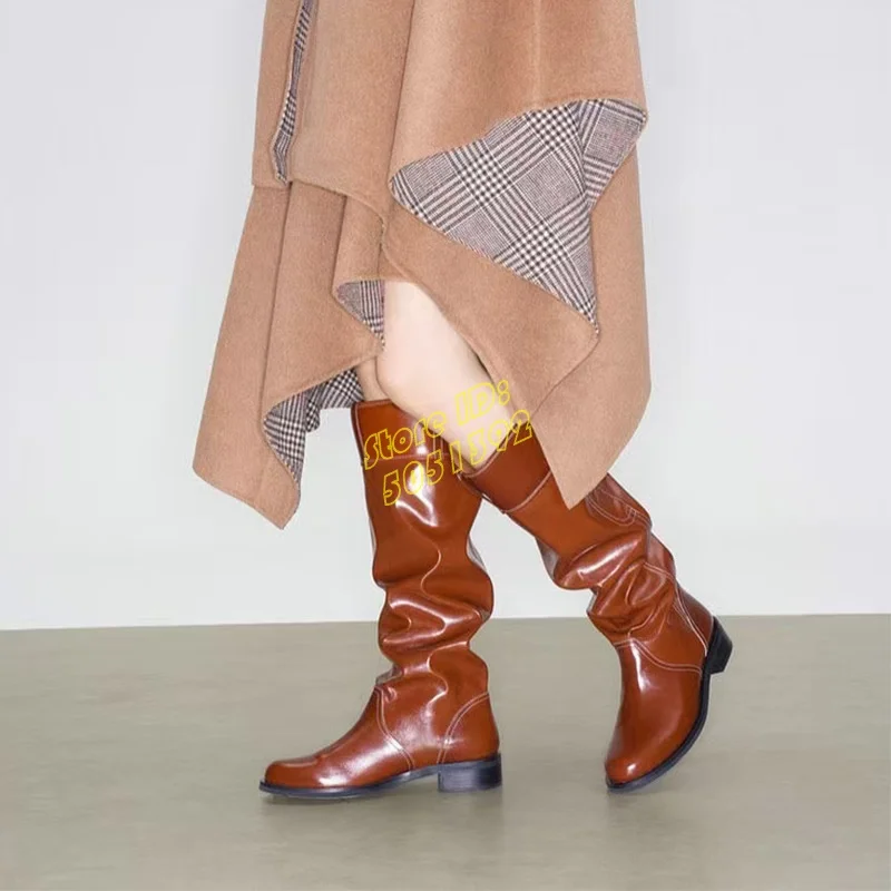 

Коричневые кожаные сапоги до колена с круглым носком на низком каблуке Runway 2025: зима-осень, женские модельные туфли без шнуровки, черные туфли с напуском